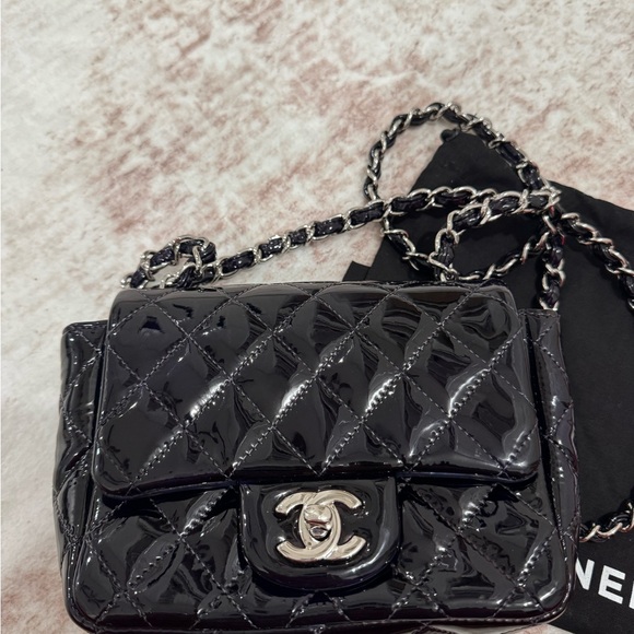 CHANEL Navy Blue Patent Quilted Mini Flap Crossbody with Silver Chain - Picture 3 of 9